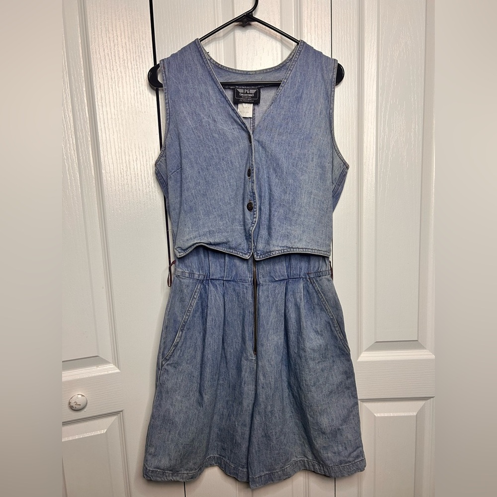 VTG‎ PG Collections by Ginger Bort Denim Romper Women's Size 8 Boho USA Pockets